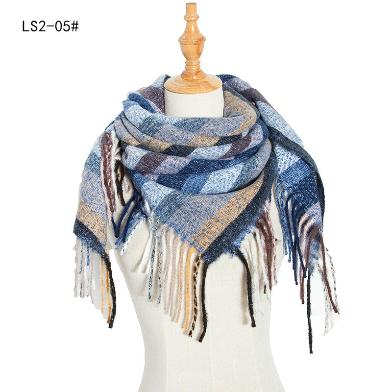 Yarn Stripe Grid Polyester Long Fringed Bristles Square Scarf Women Men's Bib Shawl