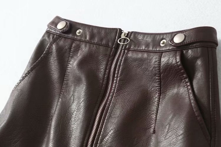 High Waist Slim Zipper PU Leather Skirt Short Skirt A-Line Skirt