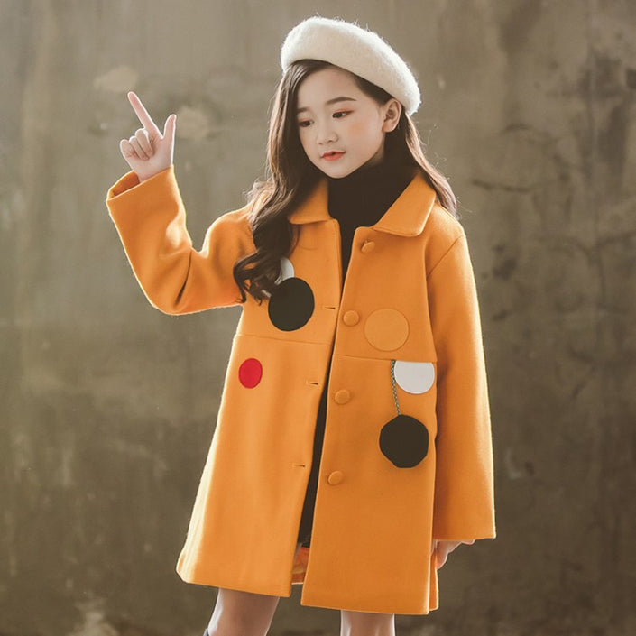 Girls Padded Lapel Color Matching Polka Dot Woolen Coat