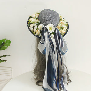 Ladies Handmade Flower Big Brim Straw Hat