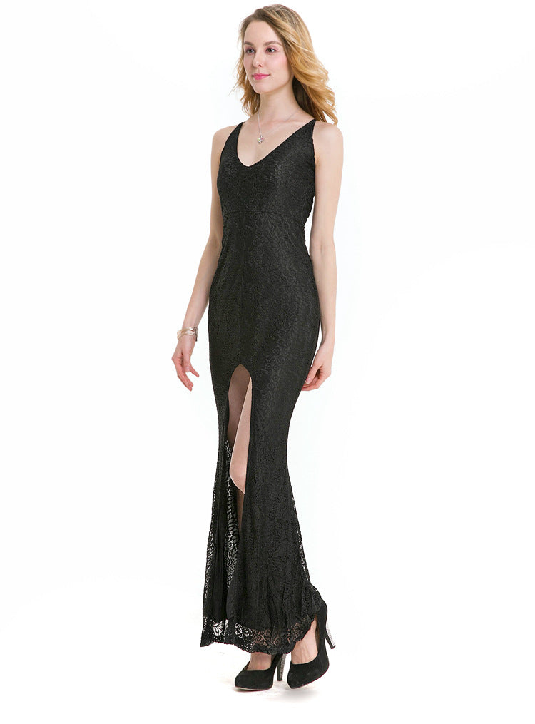 V-Neck Halter Dress Banquet Dress Slit Lace Dress