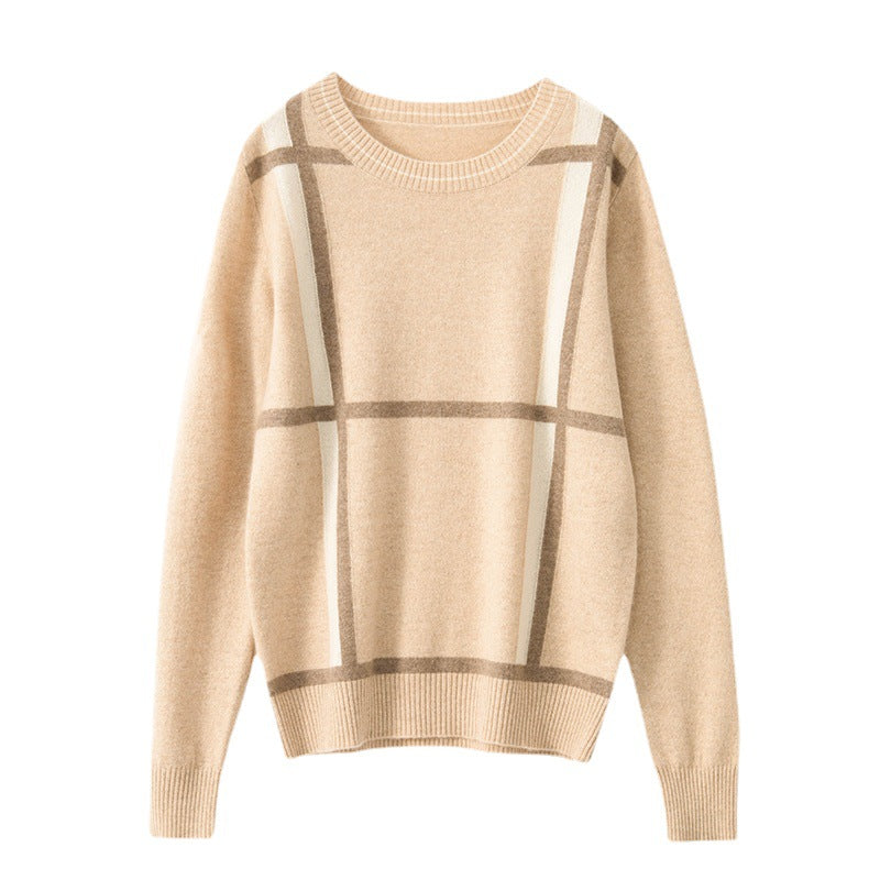 Pure Cashmere Round Neck Check Bottoming Wool Sweater Women