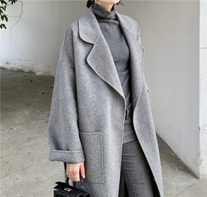 Double-sided Overcoat Long Tie Pure Reversible Woolen Coat