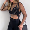 Women's Fashion Lace Shirt Bright Diamond Beads Inner Wear Outer Wear Mesh Top