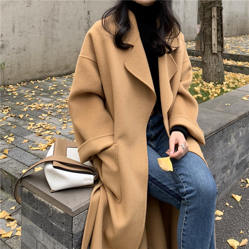 Double-sided Overcoat Long Tie Pure Reversible Woolen Coat