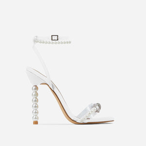 Square Toe Stiletto Heel Heels Rhinestone Bow Pearl Strap Large Size Women's Shoes