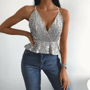 Women Sexy Luxury Sequined Crop Top Peplum Sleeveless Cropp