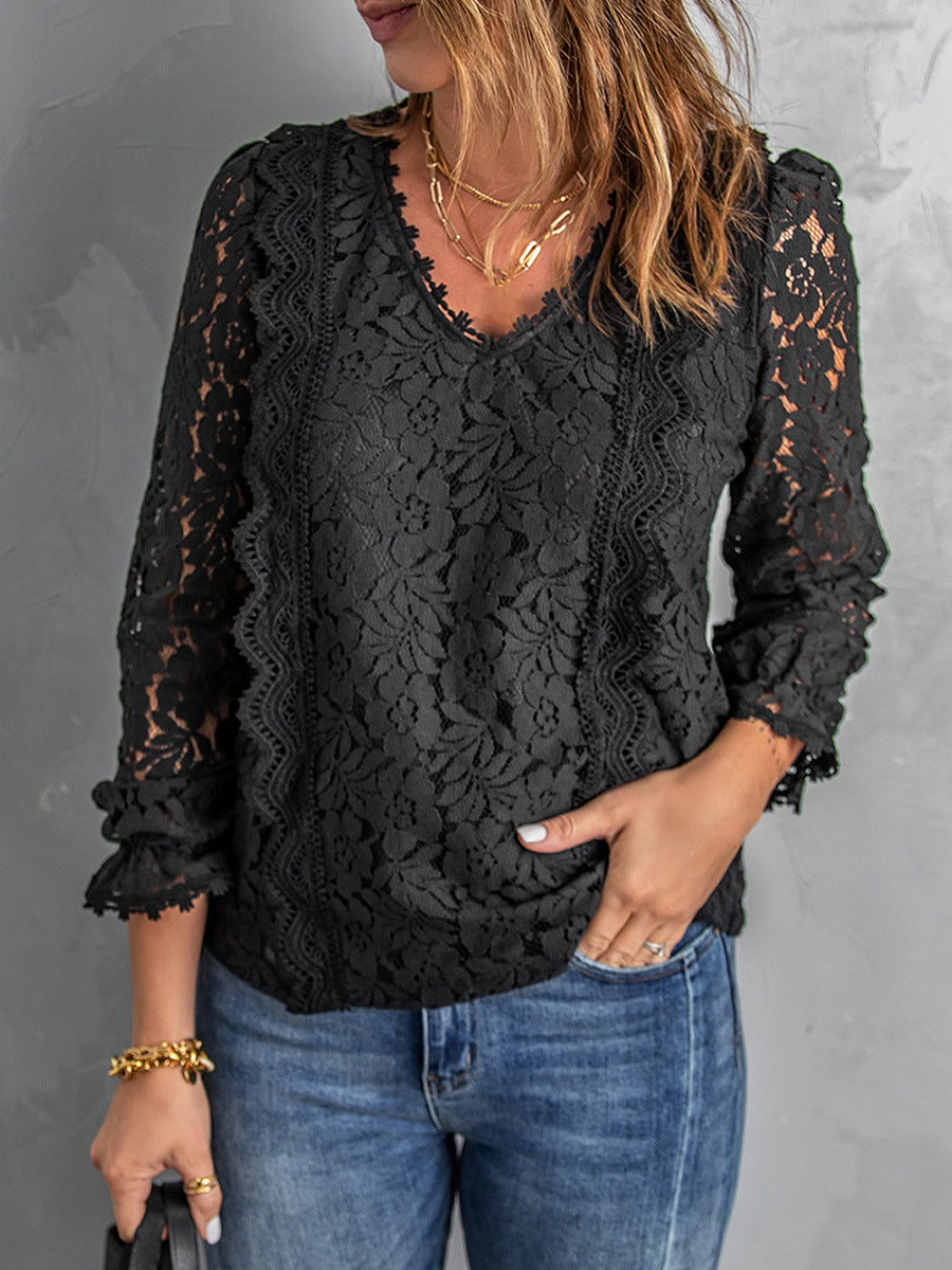 Solid Color Pullover Lace Mesh Crochet Casual Long Sleeve T-shirt