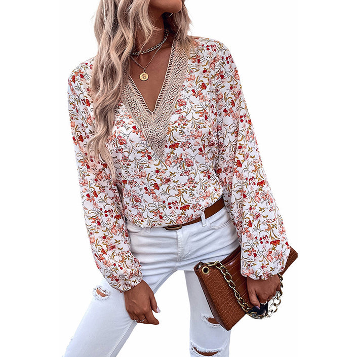 Loose Lace V-neck Chiffon Shirt For Women New Floral Printed Long-sleeved Top Women