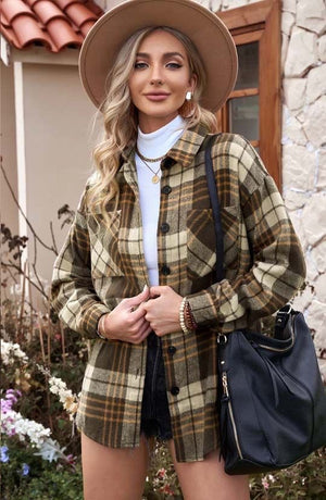 Lapel Single Breasted Shirt Women's Commuting Wear Loose Plaid