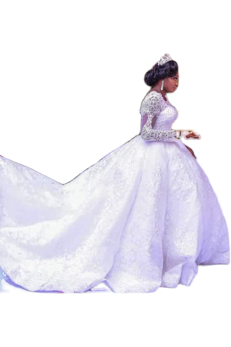 Wedding Dress Long Sleeves Round Neck Big Tail Tutu Skirt