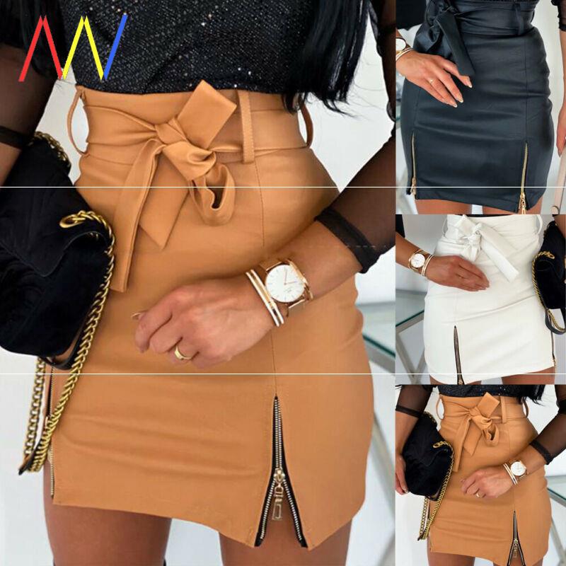 Women Bandage PU Leather Skirt Ladies Short Mini Skirts