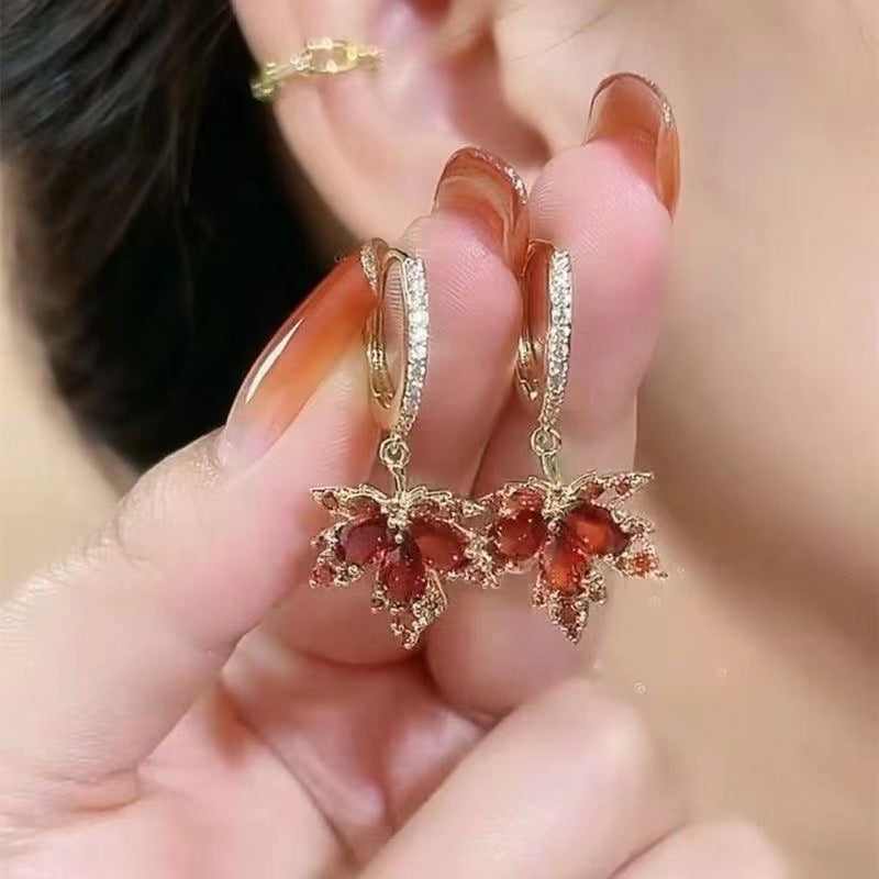 Tassel Red Rhinestone Leaf Earrings