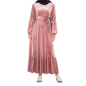 Women's Fashion Gold Velvet Long Sleeve Round Neck Casual Dress