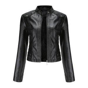 Studded Leather Women Short Jacket Long Sleeves