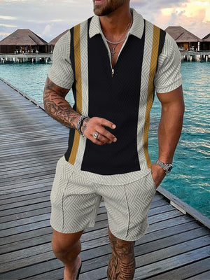 Men's Casual Color Contrast POLO Zip Lapel Shirt Short Sleeve Suit