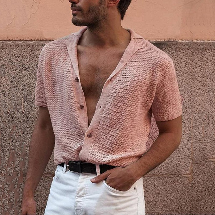 Men's Short Sleeve V Neck Buttons Cotton Clothing