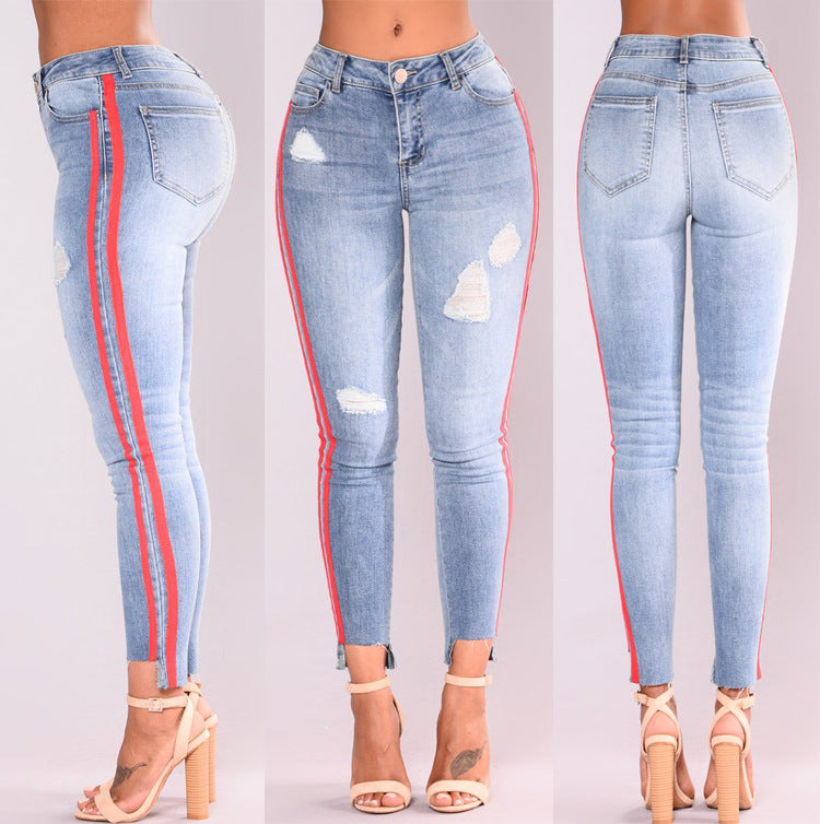 Denim stretch hole fashion ribbon denim high waist pants