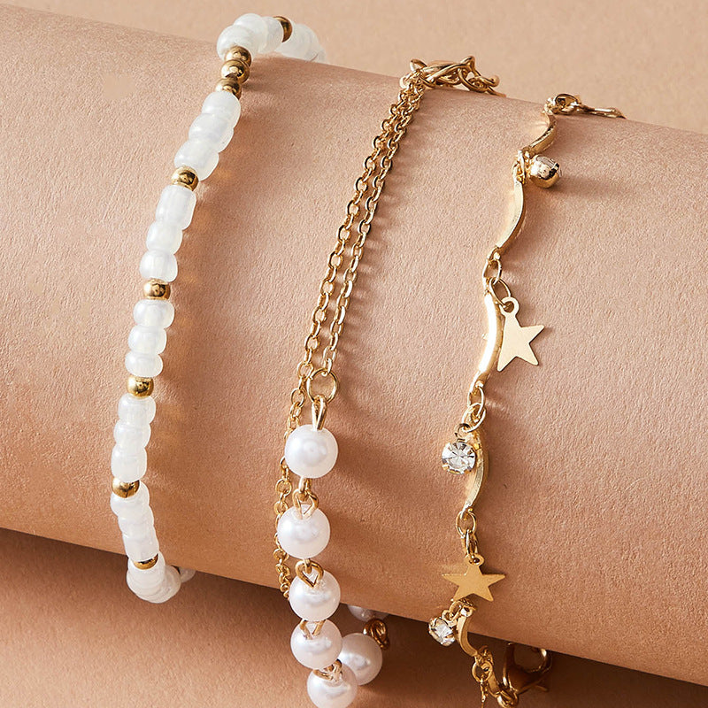 Three-piece Set Of Tassel Five-pointed Star Rice Beads Metal Anklet Female