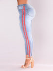 Denim stretch hole fashion ribbon denim high waist pants