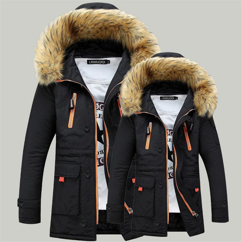 new men's cotton winter fur collar fashion cotton clothing warm jacket cotton jacket long solid color men's clothing