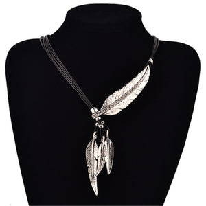 3 Colors Black Rope Multilayer Feather Leaf Tassels Pendant Necklace