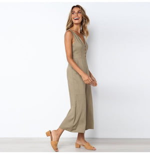 V-neck button backless jumpsuit