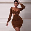 Long Sleeve V-neck Dress European And American Hollow Pleated Hip Skirt