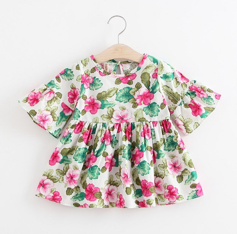 Girls Kids Skirts Flared Sleeve Printed Cotton Dress