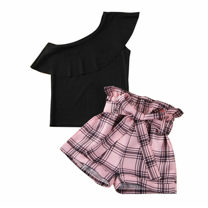 Girls Kids One Shoulder Black Ruffle Tops Plaid Shorts