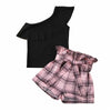 Girls Kids One Shoulder Black Ruffle Tops Plaid Shorts