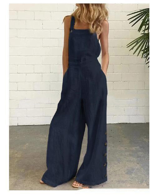 Retro Side Pocket Casual Wide-Leg Side Buckle Jumpsuit