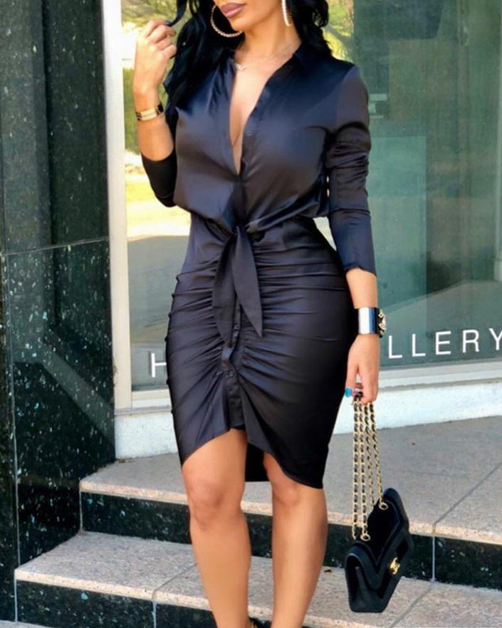 Women Lace-up Solid Color Long Sleeve Party Dress