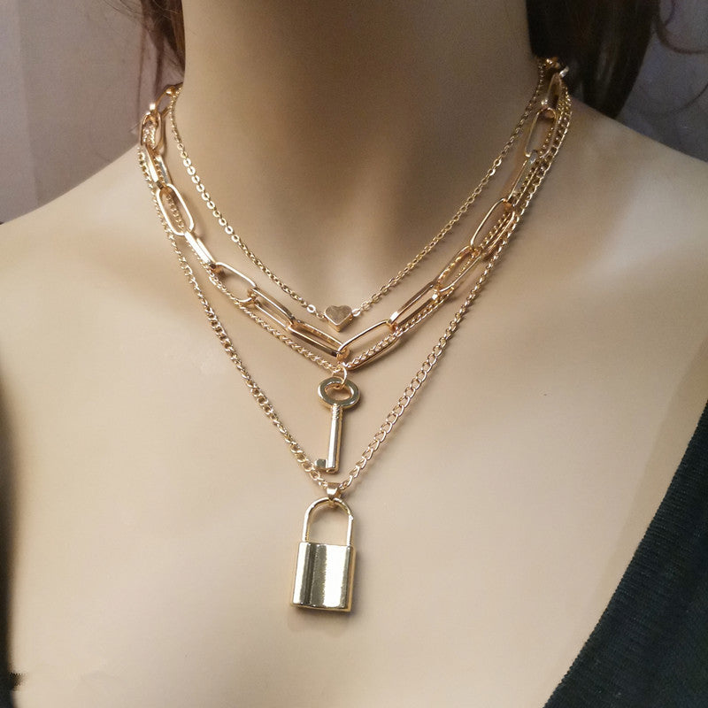 Cross-Border Jewelry Simple And Exaggerated Thick Chain Necklace Female Retro Multi-Layer Geometric Lock-Shaped Love Necklace