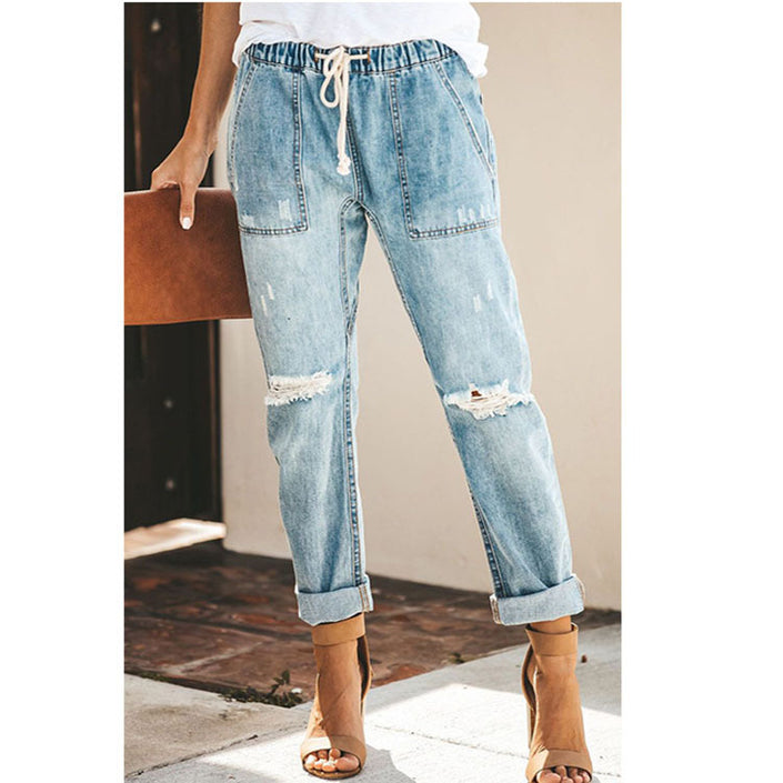 Alpscommerce  Women's Jeans Fashion Casual Street Hipster Korean Style Straight Leg Pants Ripped Trousers