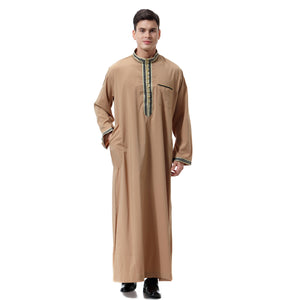 Muslim Arab Middle East Men's Applique Stand Collar Robe, TH810