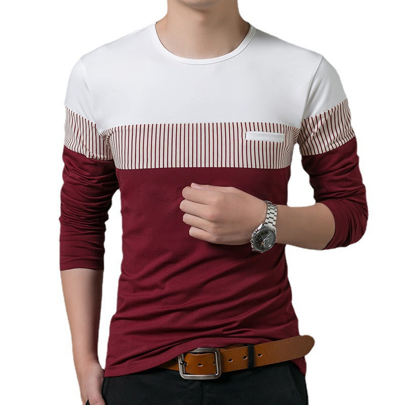 Men's Fake Pocket Slim Vertical Stripes Color Blocking Long Sleeve Casual T-Shirt