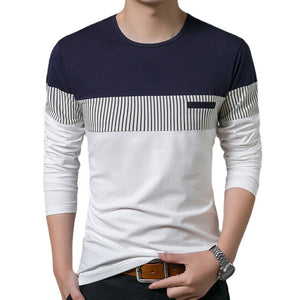 Men's Fake Pocket Slim Vertical Stripes Color Blocking Long Sleeve Casual T-Shirt