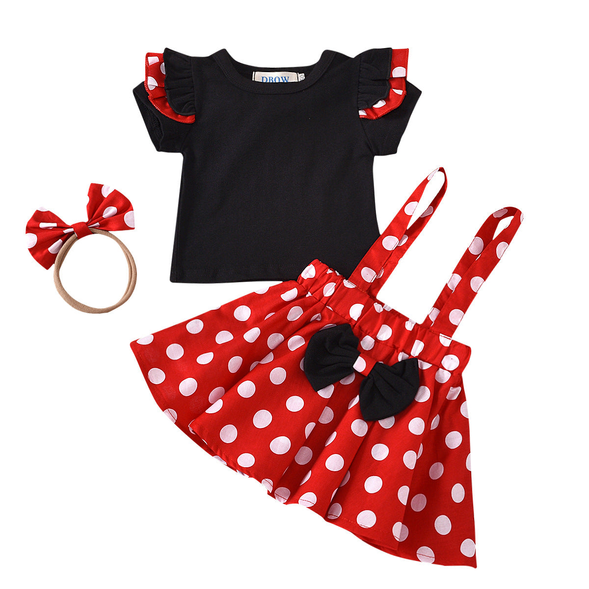 Xiaofei Sleeve Top Polka Dot Strap Skirt Headband Kids Set