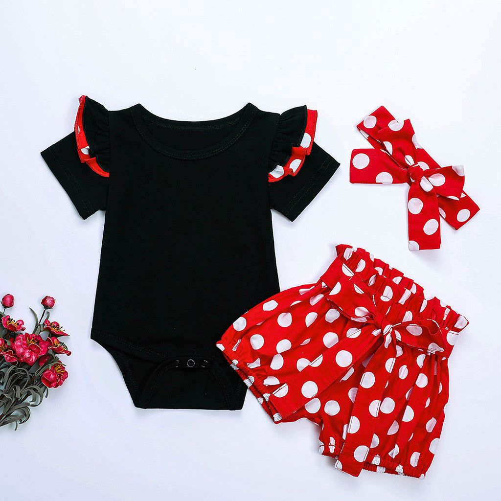 Xiaofei Sleeve Top Polka Dot Strap Skirt Headband Kids Set