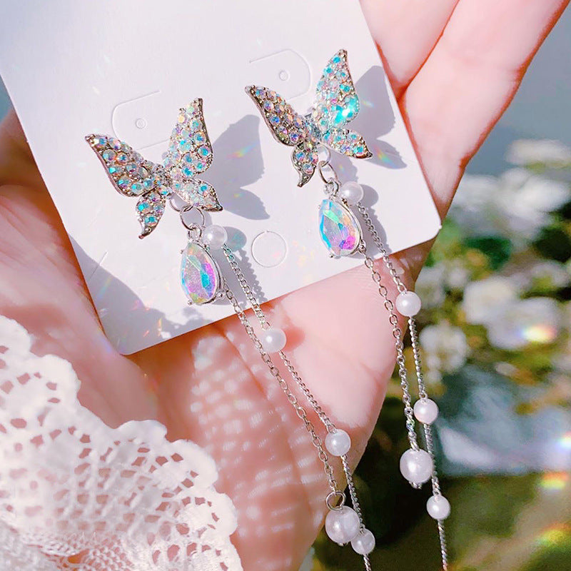 S925 Silver Needle New Two-Wear Butterfly Pearl Earrings Tassel Temperament Net Red Earrings Tide Ears