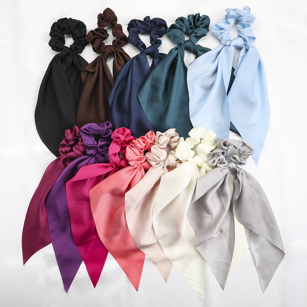 New Knotted Ribbon Satin Monochrome Silky Square Scarf Hair Tie Ladies Ponytail Hair