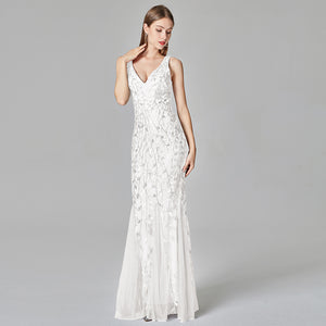 Long Dress Sleeveless V-neck Embroidered Sequin Slim Mermaid Dress