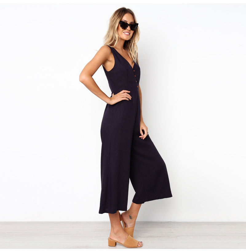 V-neck button backless jumpsuit