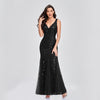 Long Dress Sleeveless V-neck Embroidered Sequin Slim Mermaid Dress