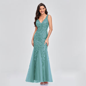 Long Dress Sleeveless V-neck Embroidered Sequin Slim Mermaid Dress