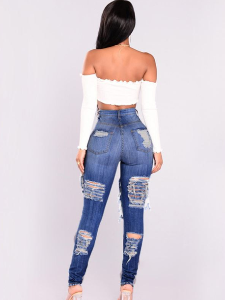 Alpscommerce hole jeans trousers feet high waist pants