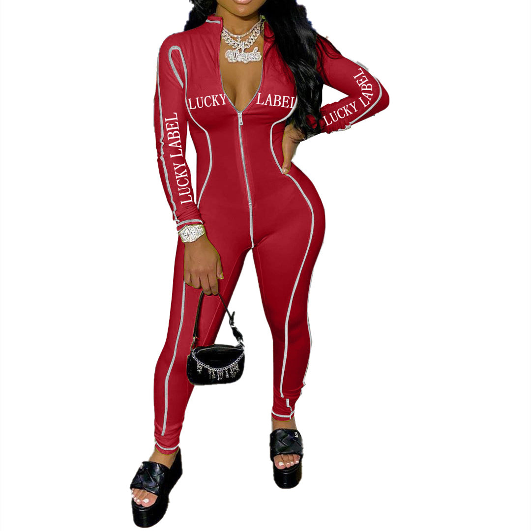 alphabet print sexy zipper jumpsuit