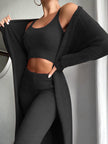 Women Fashion Solid Fluffy Plain Crop Top & Skinny Pants & Longline Coat Set Warm Cozy Suit Sets