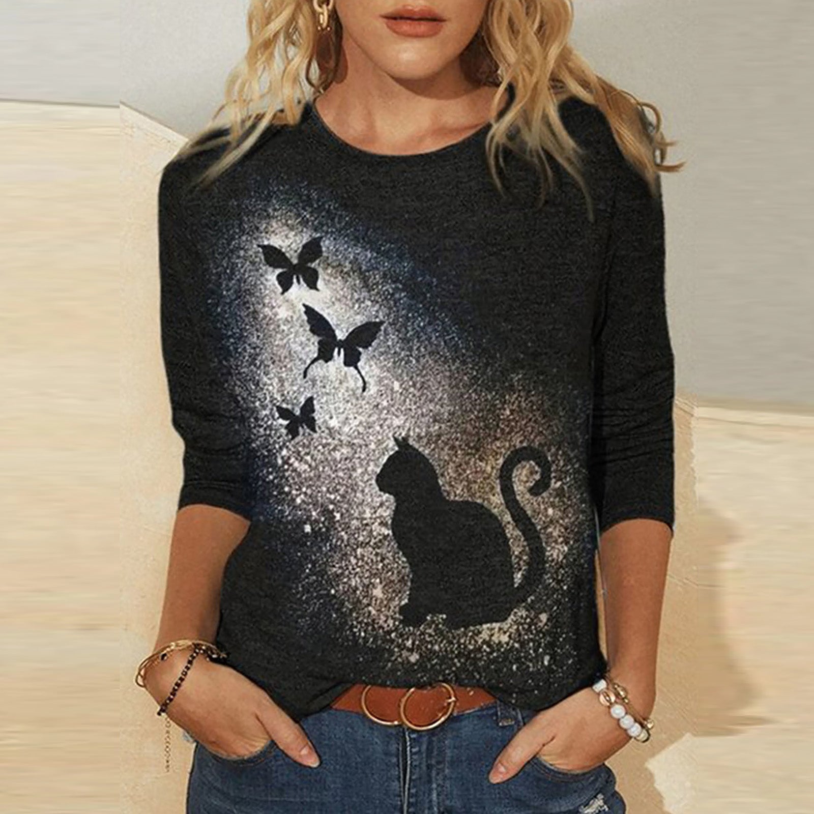 Knitted Long Sleeve Printed Round Neck Women's T-Shirt